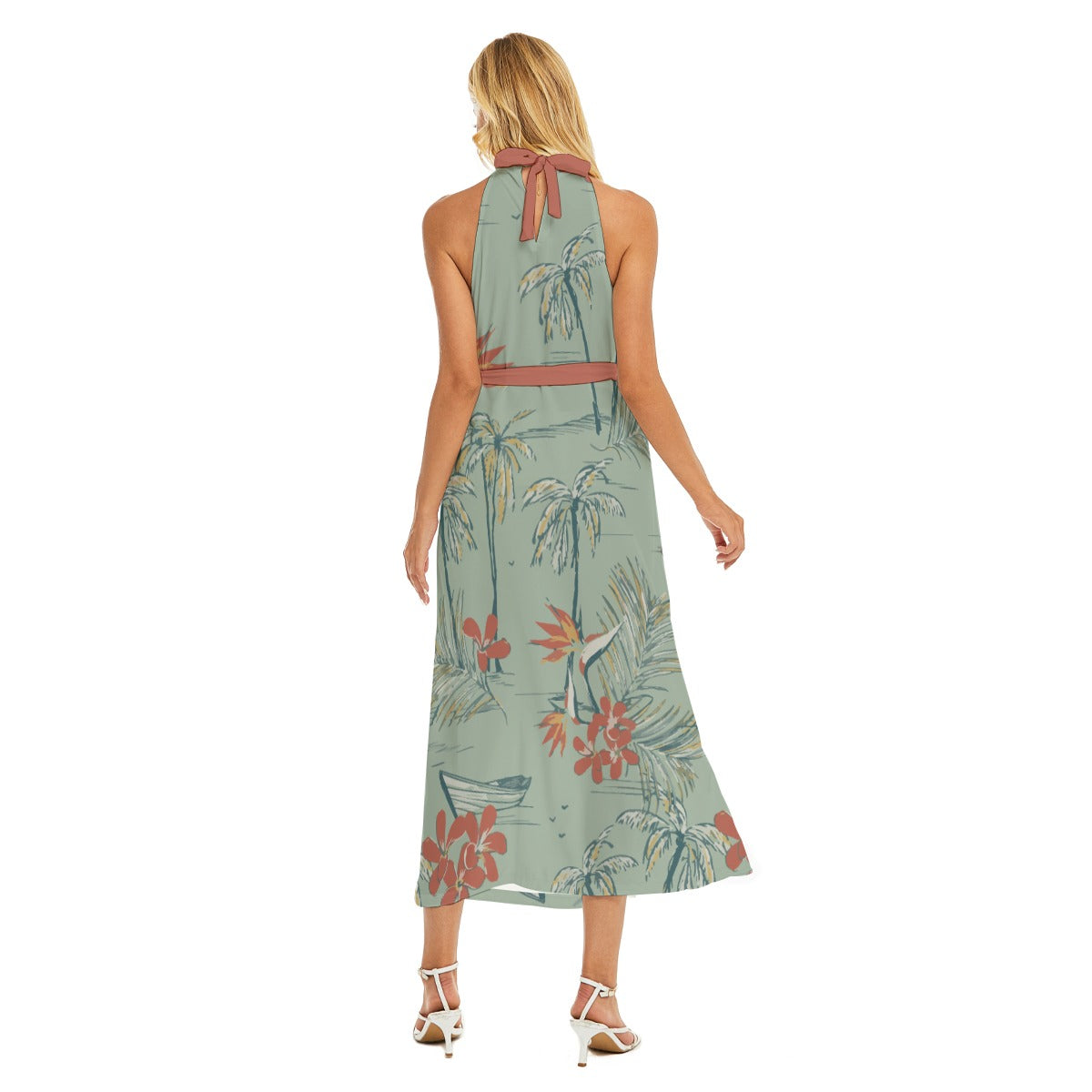 All-Over Print Women's Wrap Hem Belted Halter Dress