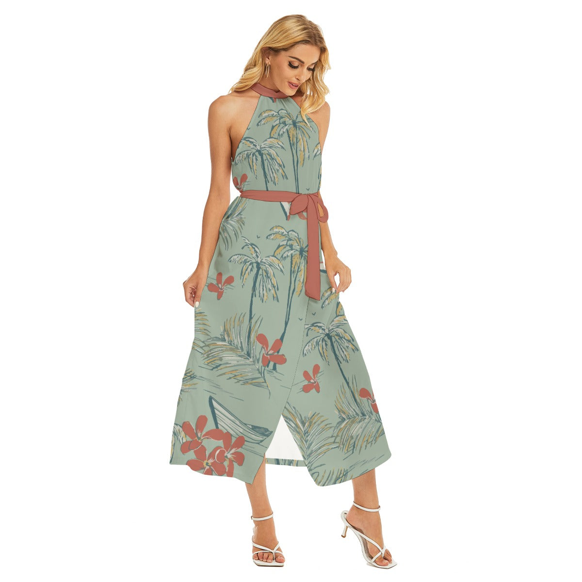All-Over Print Women's Wrap Hem Belted Halter Dress